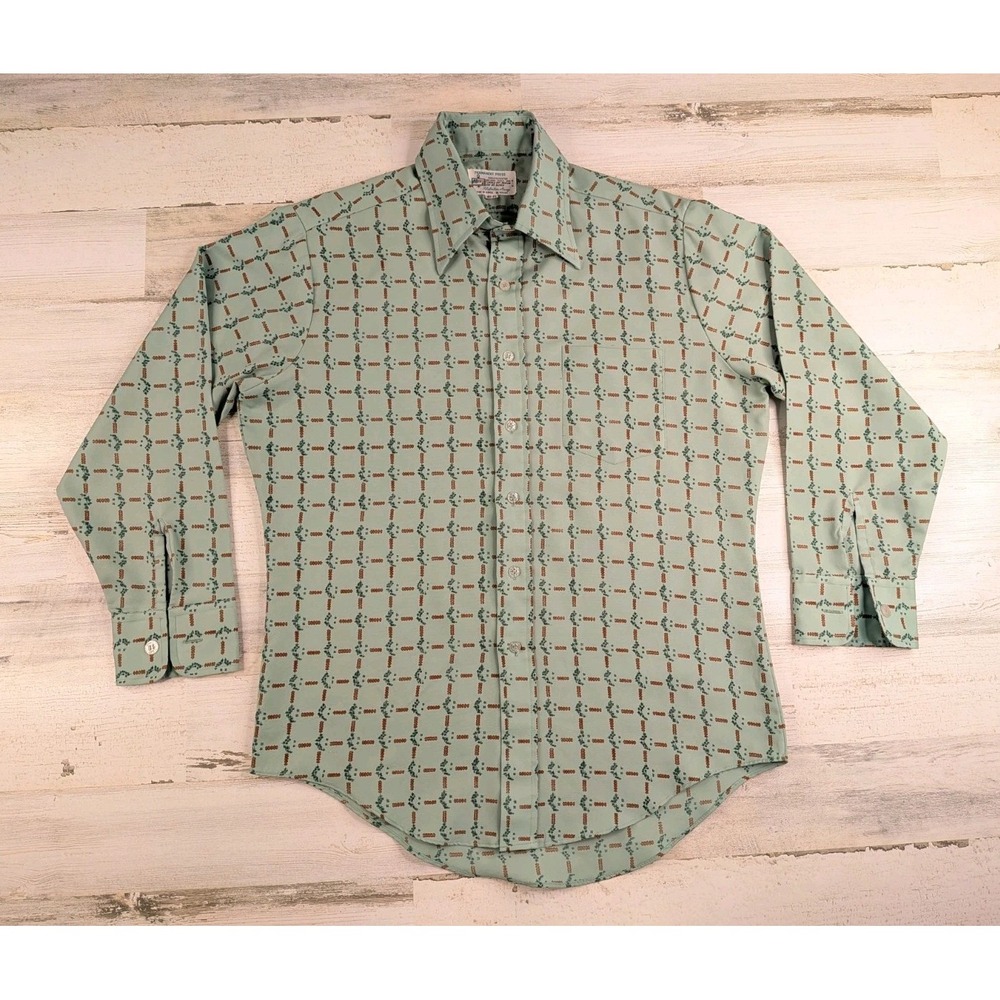 Vintage 70s Kmart Shirt Mens 15.5 33 Green Geometric Patterned Button Up Shirt